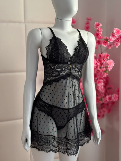 CAMISOLA CORAÇÕES EM TULE PRETO