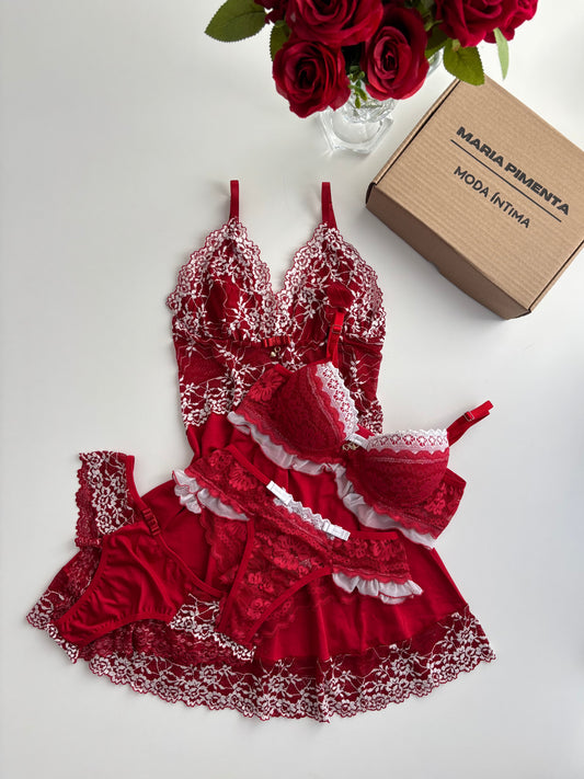 CAMISOLA E CONJUNTO DE LINGERIE BABADO VERMELHO/BRANCO