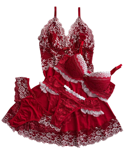 CAMISOLA E CONJUNTO DE LINGERIE BABADO VERMELHO/BRANCO