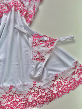 CONJUNTO ROBE CAMISOLA E CALCINHA FIO BRANCO/PINK