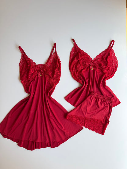 CONJUNTO ESPECIAL CAMISOLA E BABY DOLL VERMELHO