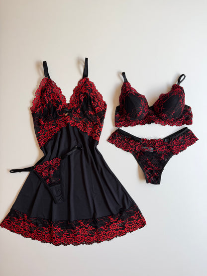 CAMISOLA, CALCINHA E CONJUNTO DE LINGERIE PRETO/VERMELHO
