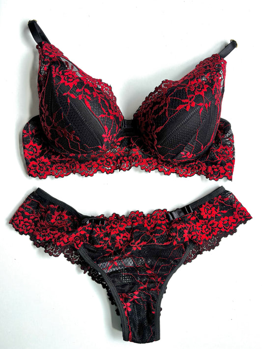 CONJUNTO RENDA BICOLOR PRETO/VERMELHO