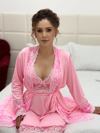 CONJUNTO ROBE CAMISOLA E CALCINHA ROSA/BRANCO