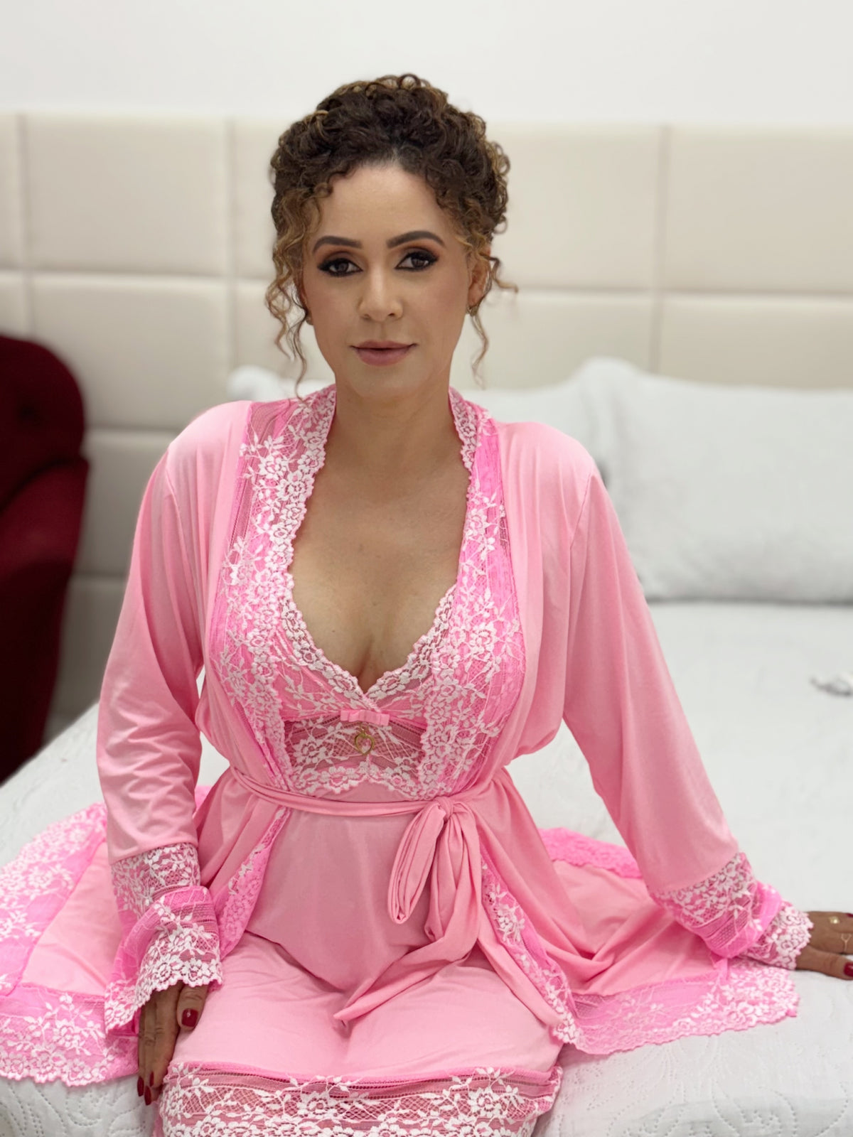 CONJUNTO ROBE CAMISOLA E CALCINHA ROSA/BRANCO