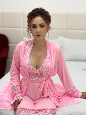 CONJUNTO ROBE CAMISOLA E CALCINHA ROSA/BRANCO