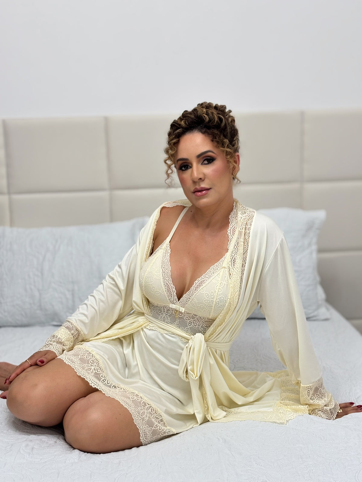 CONJUNTO ROBE CAMISOLA E CALCINHA MARFIM