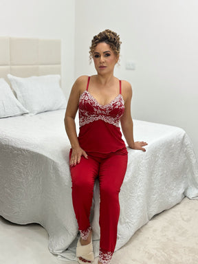 PIJAMA LUXO COM CALCINHA FIO DE REGULAGEM VERMELHO/BRANCO