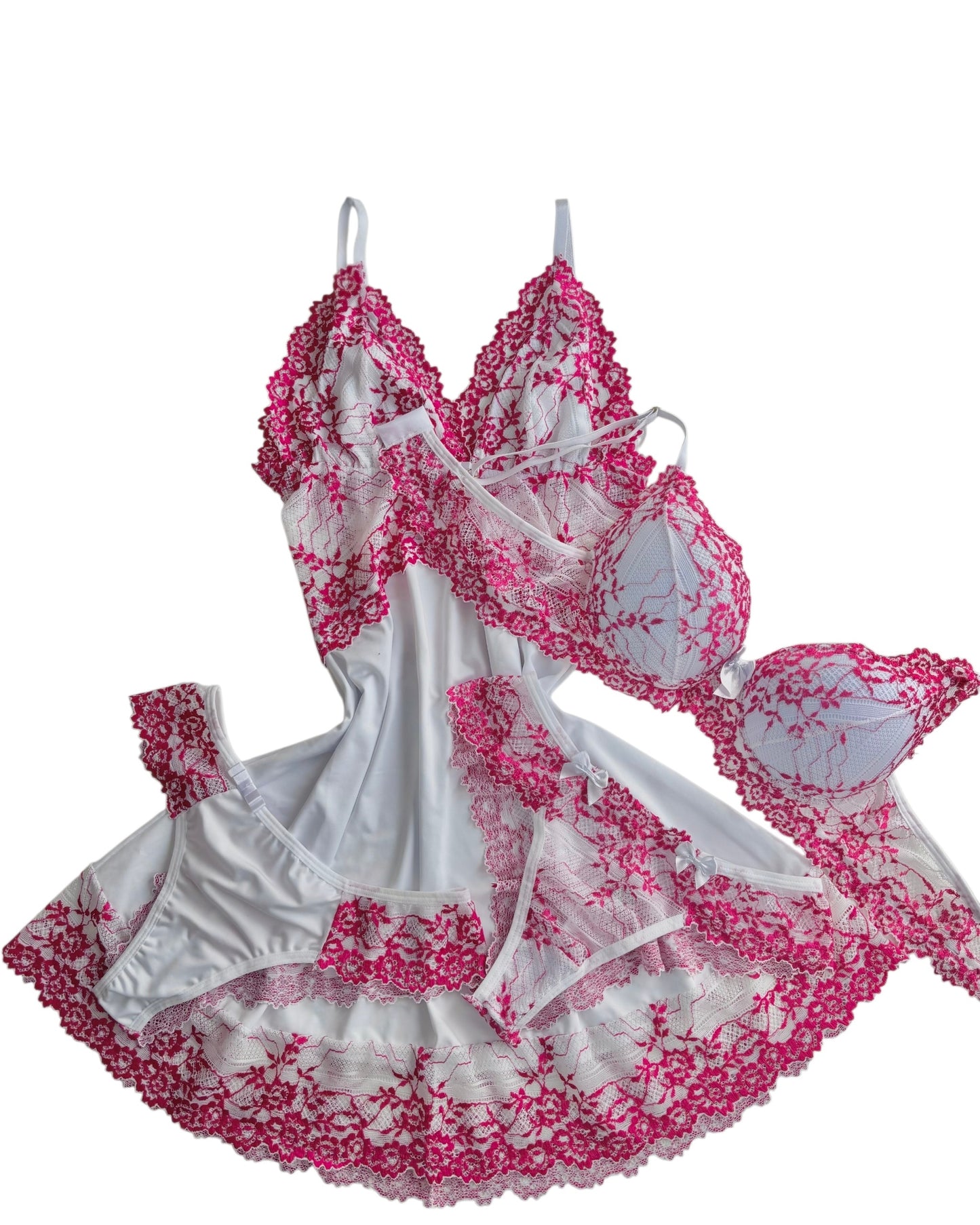 CAMISOLA LUXO E CONJUNTO DE LINGERIE BRANCO/PINK