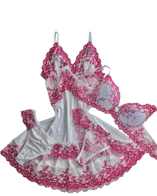 CAMISOLA LUXO E CONJUNTO DE LINGERIE BRANCO/PINK
