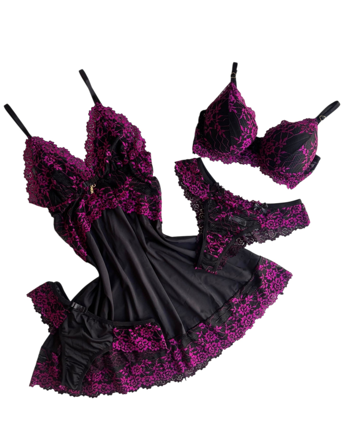 CAMISOLA LUXO E CONJUNTO DE LINGERIE PRETO/PINK