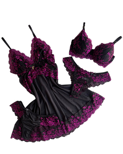CAMISOLA LUXO E CONJUNTO DE LINGERIE PRETO/PINK