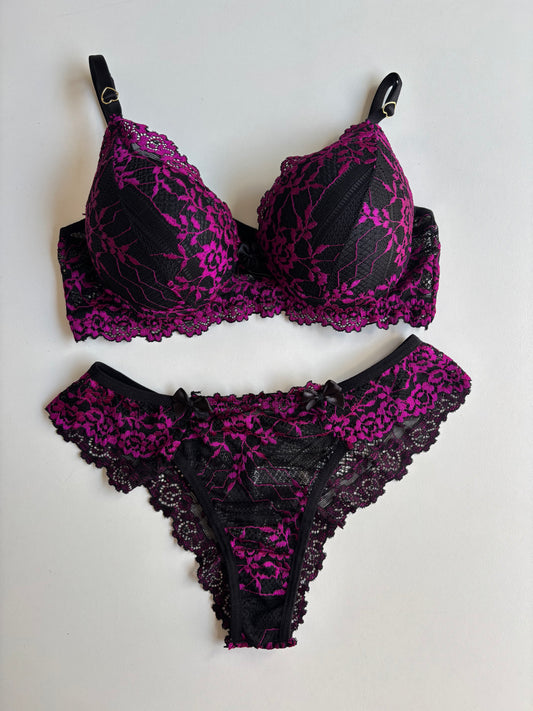CONJUNTO RENDA BICOLOR PRETO/PINK