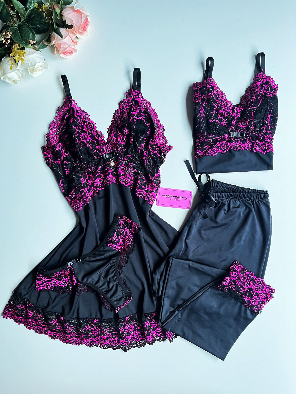CONJUNTO CAMISOLA E PIJAMA PRETO/PINK