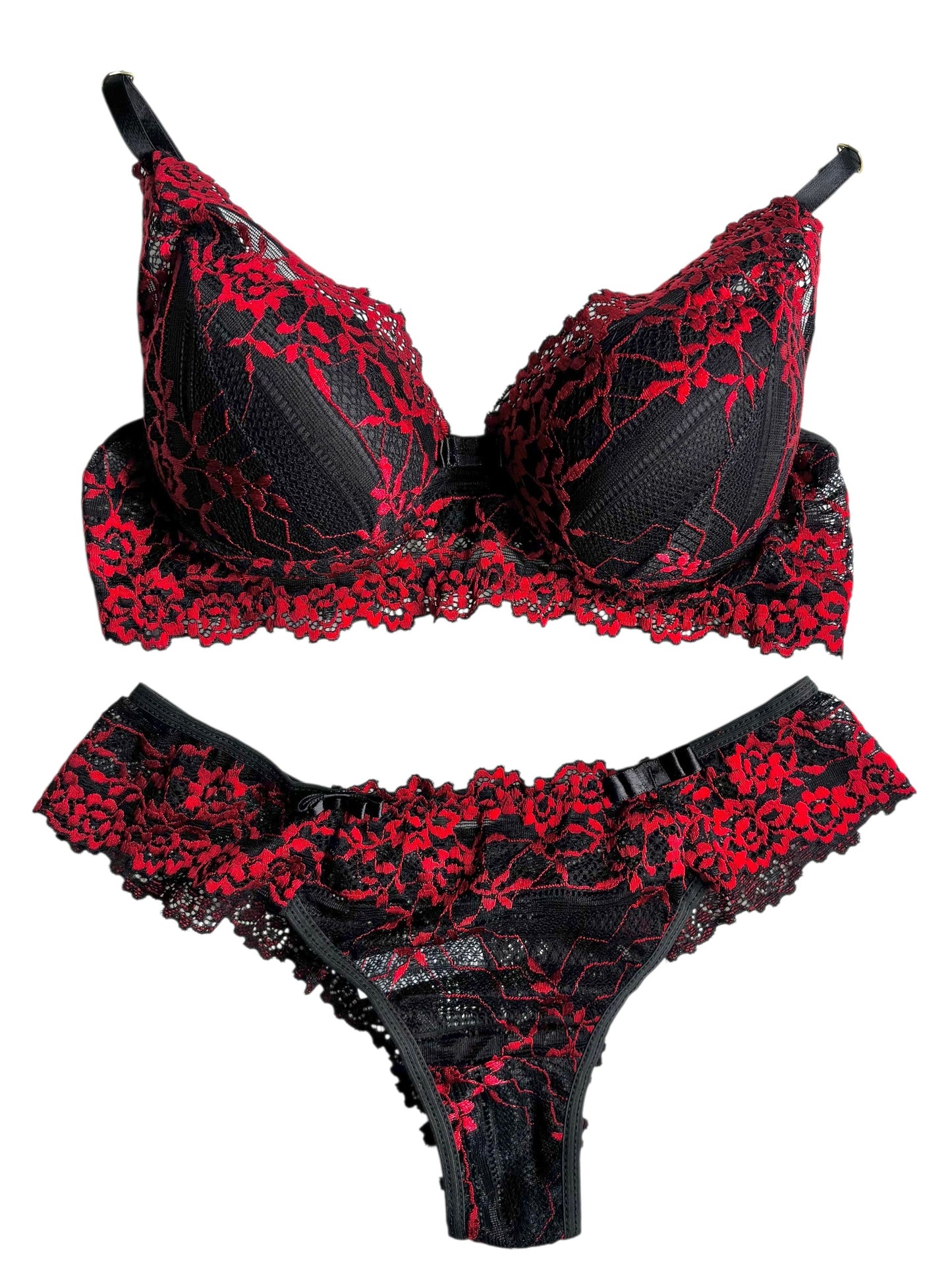 CONJUNTO RENDA BICOLOR PRETO/VERMELHO