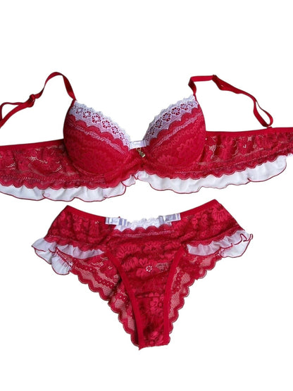 CONJUNTO DE LINGERIE BABADO VERMELHO/BRANCO