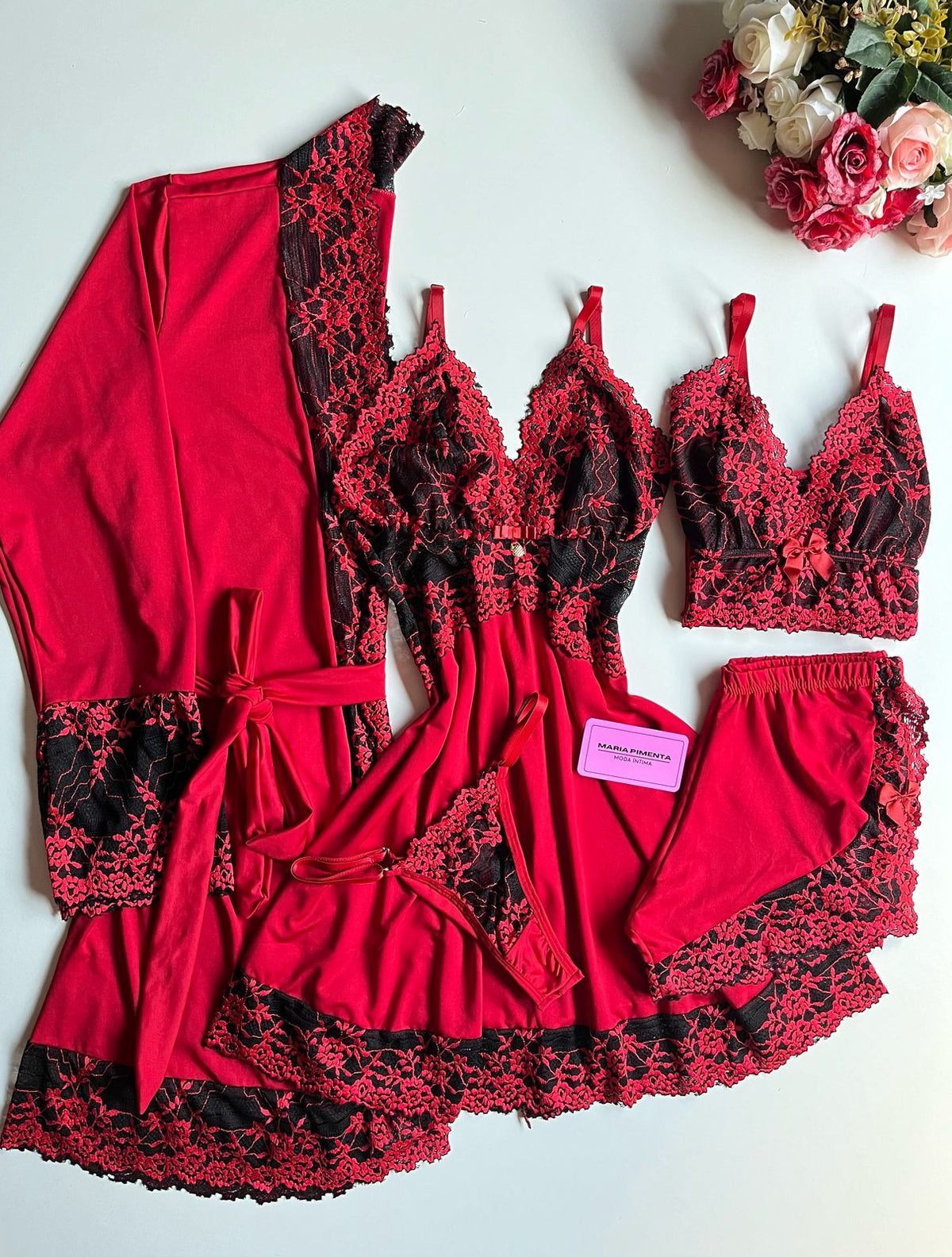 CONJUNTO ESPECIAL ROBE, CAMISOLA E BABY DOLL VERMELHO/PRETO