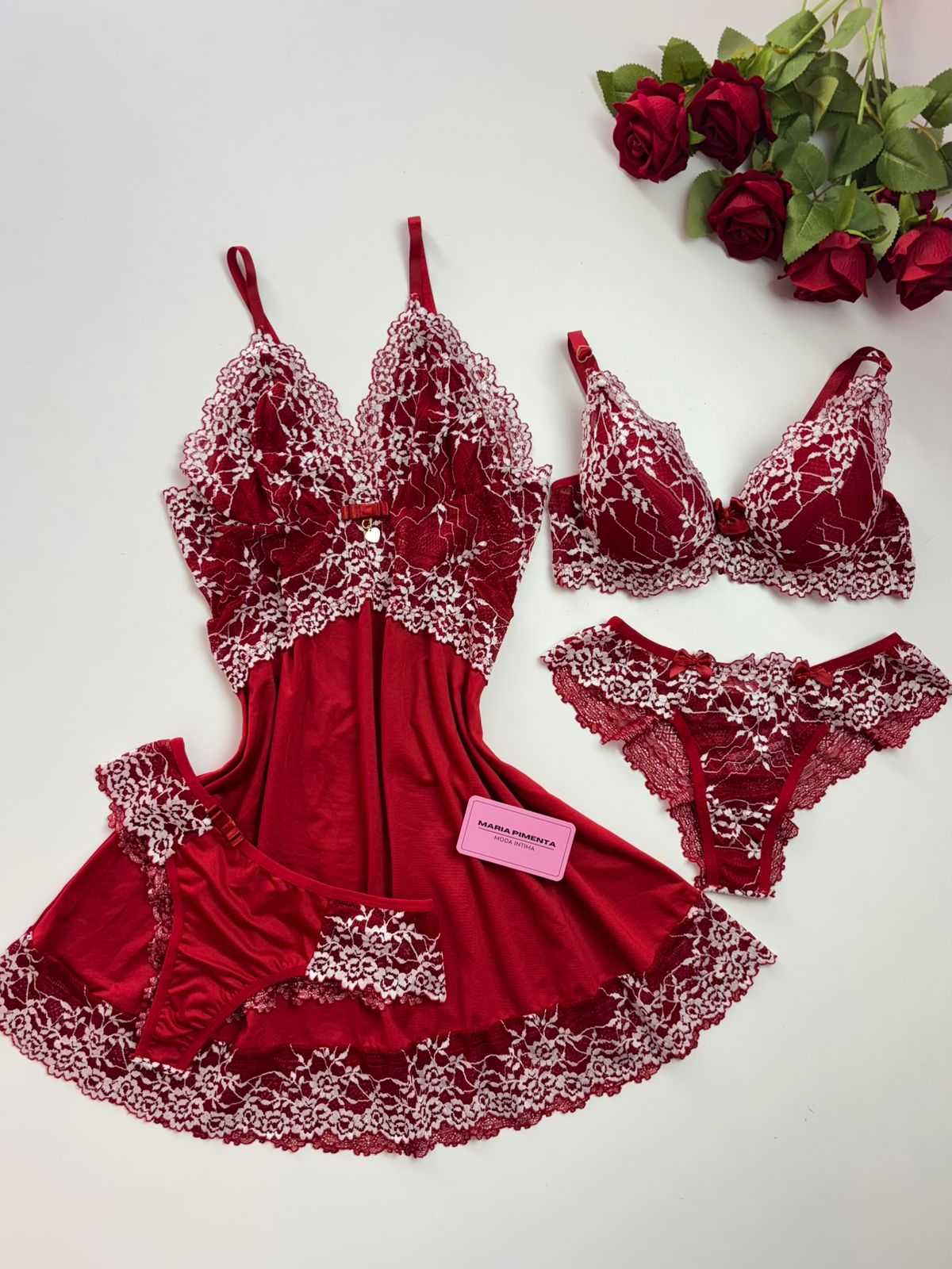 CAMISOLA LUXO E CONJUNTO DE LINGERIE VERMELHO/BRANCO