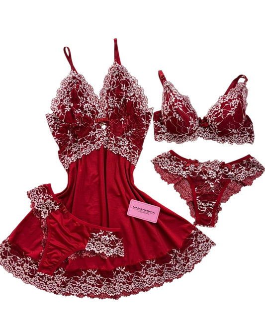 CAMISOLA LUXO E CONJUNTO DE LINGERIE VERMELHO/BRANCO