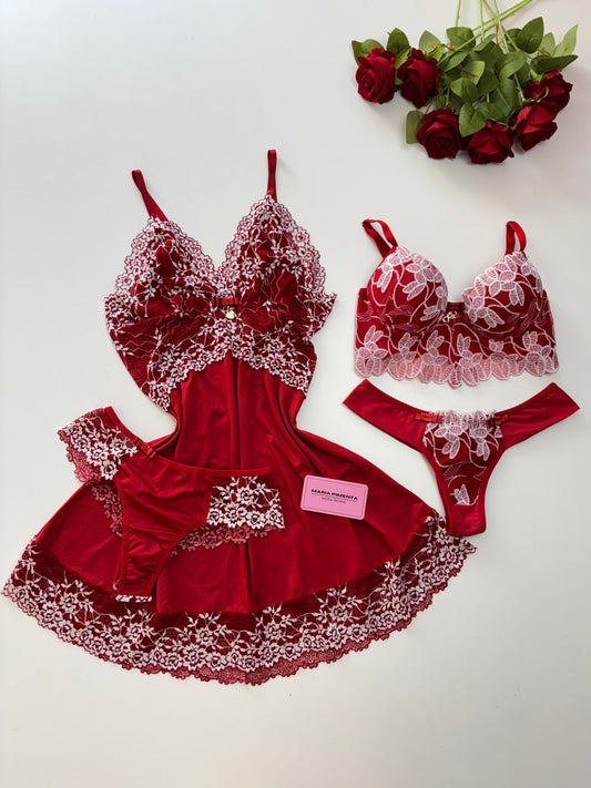CAMISOLA E CONJUNTO DE LINGERIE CROPED VERMELHO/BRANCO