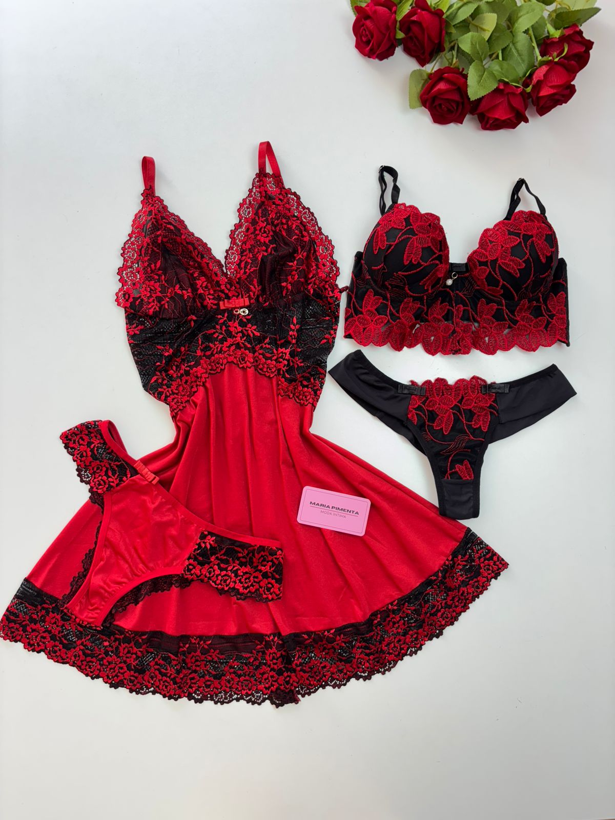CAMISOLA E CONJUNTO DE LINGERIE CROPED VERMELHO/PRETO