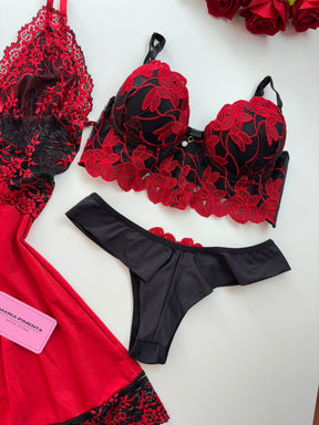 CAMISOLA E CONJUNTO DE LINGERIE CROPED VERMELHO/PRETO