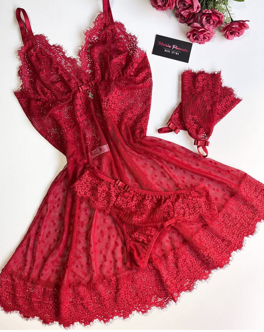 CAMISOLA CORAÇÕES EM TULE VERMELHO