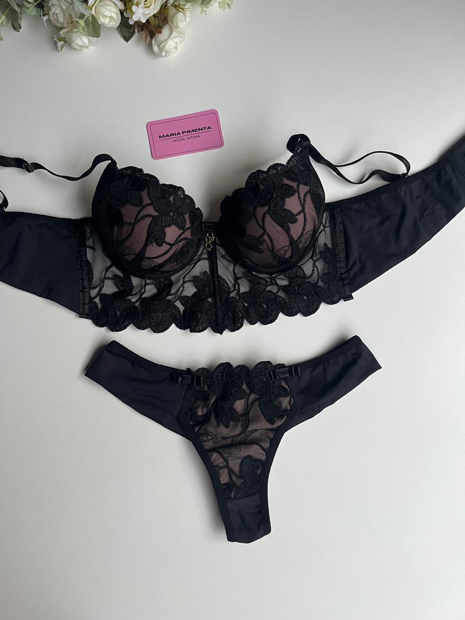 CONJUNTO DE LINGERIE CROPED PRETO