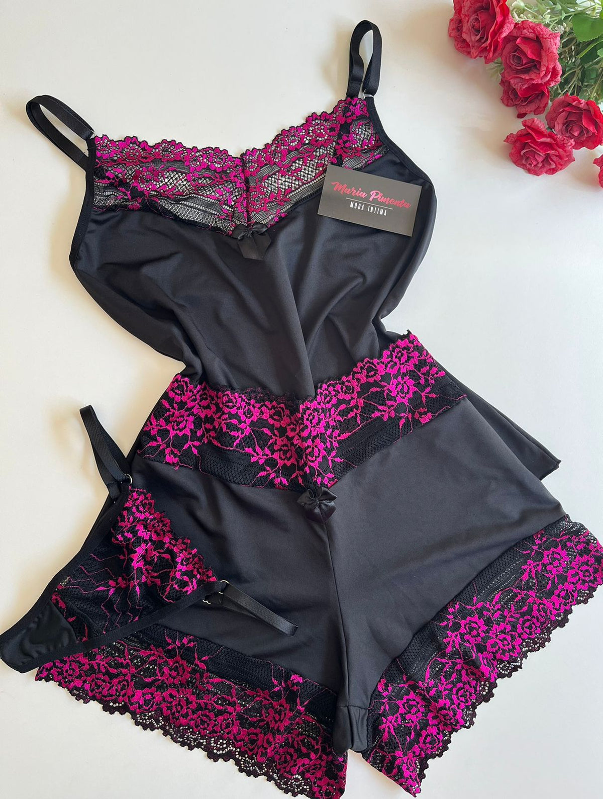 BABY DOLL CHARME COM CALCINHA FIO PRETO/PINK