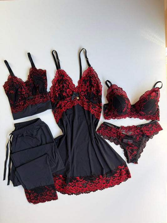 COMBO COMPLETO COM PIJAMA PRETO/VERMELHO
