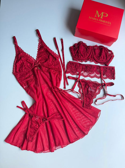 CAMISOLA EM TULE E CONJUNTO DE LINGERIE JASMINE VERMELHO
