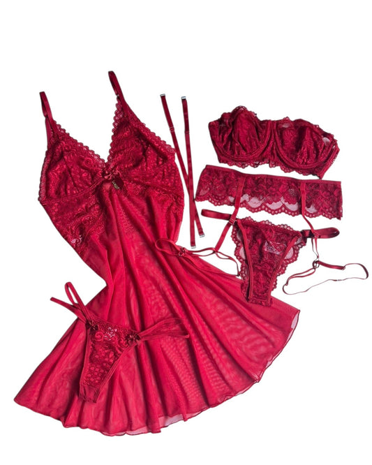 CAMISOLA EM TULE E CONJUNTO DE LINGERIE JASMINE VERMELHO