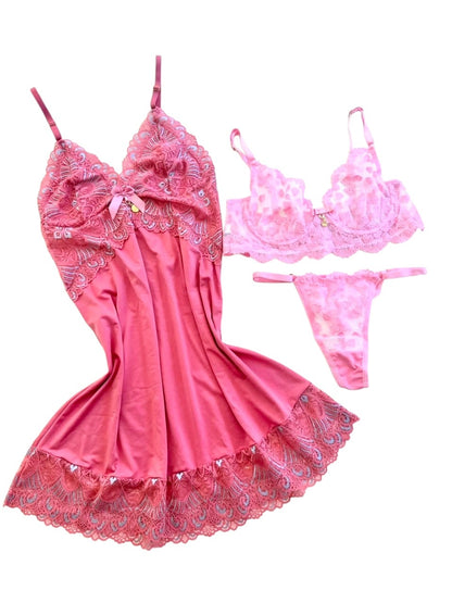 KIT CAMISOLA LUXO ROSA E CONJUNTO DE LINGERIE EM TULE ROSA