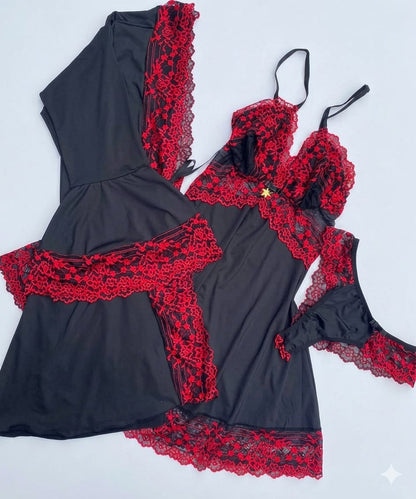 CONJUNTO ROBE CAMISOLA E CALCINHA PRETO/VERMELHO
