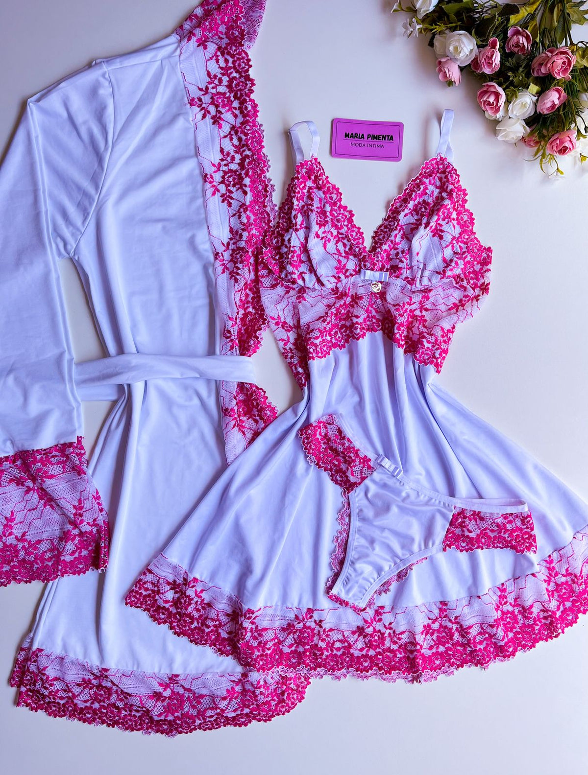CONJUNTO ROBE CAMISOLA E CALCINHA BRANCO/PINK