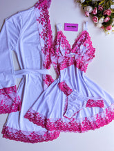 CONJUNTO ROBE CAMISOLA E CALCINHA BRANCO/PINK
