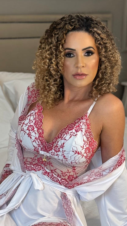 CONJUNTO ROBE CAMISOLA E CALCINHA BRANCO/PINK