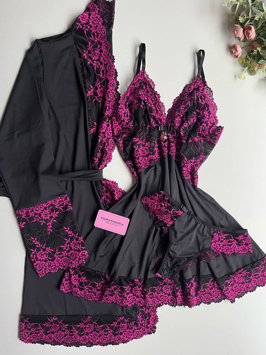 CONJUNTO ROBE E CAMISOLA PRETO/PINK