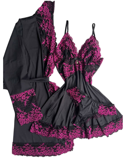 CONJUNTO ROBE E CAMISOLA PRETO/PINK