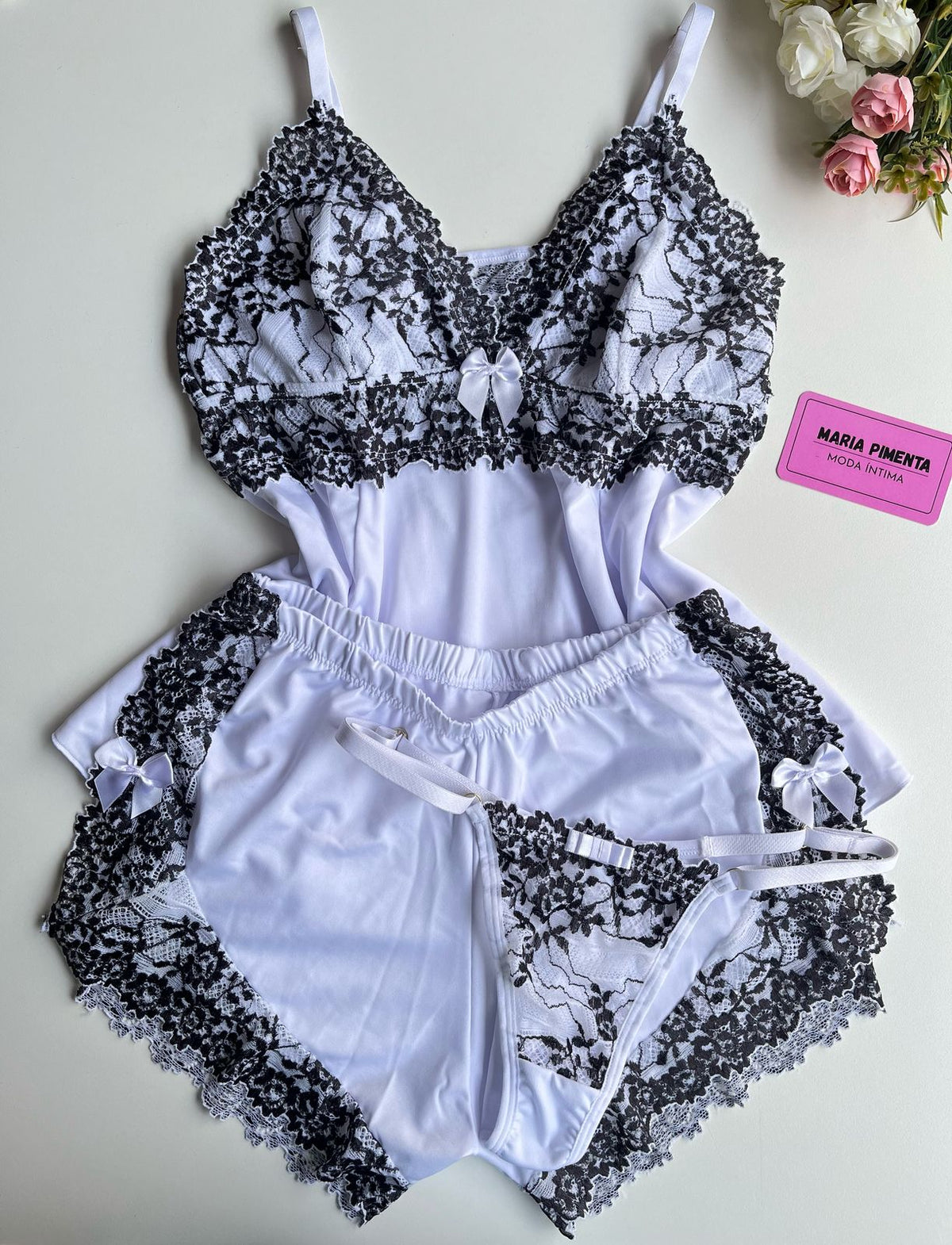 BABY DOLL COM CALCINHA FIO BRANCO/PRETO