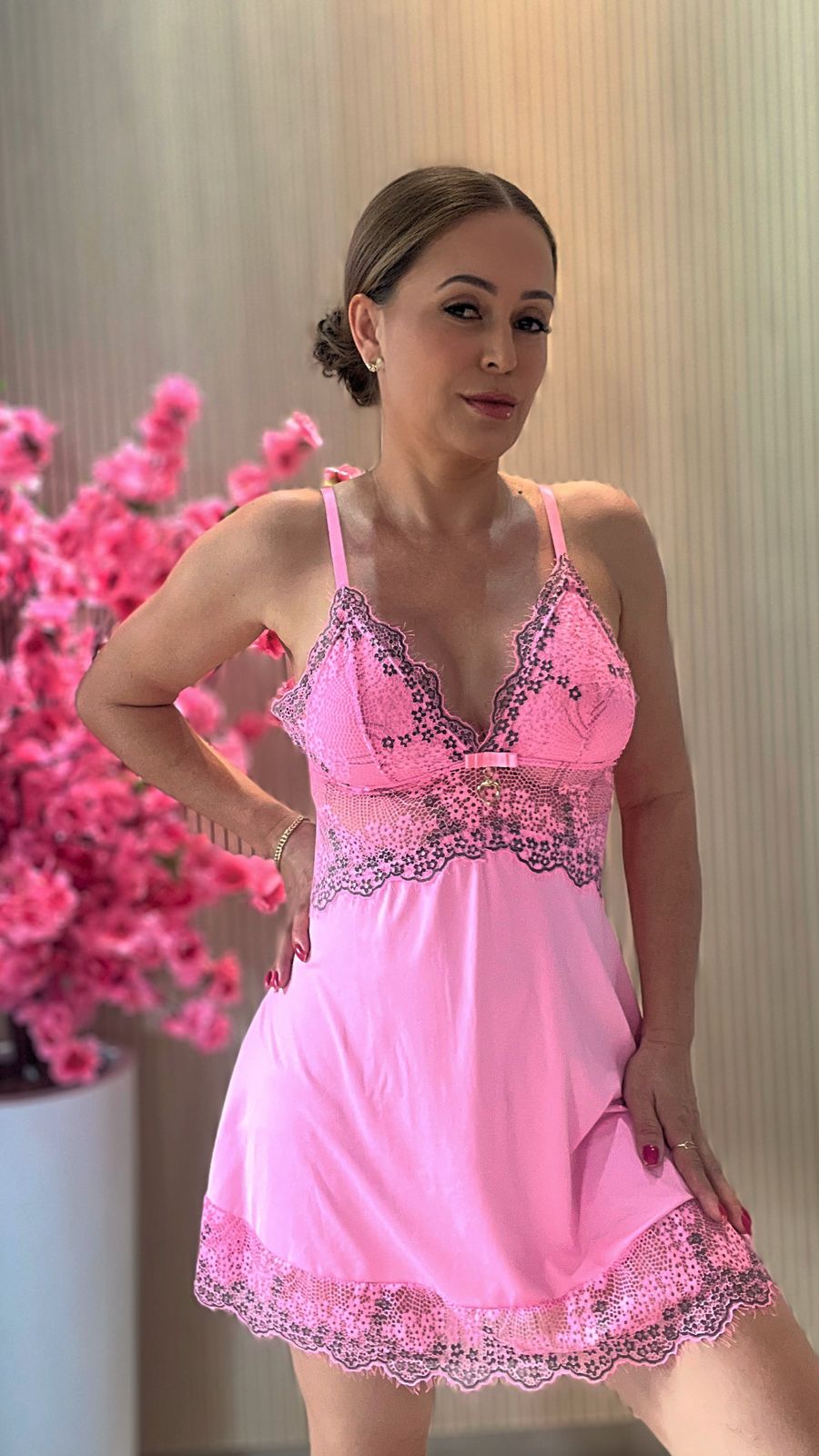 CAMISOLA COM CALCINHA FIO ROSA/PRETO