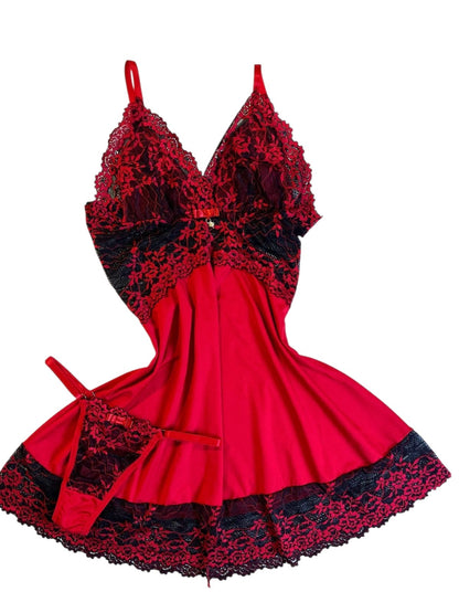 CAMISOLA VERMELHO/PRETO COM CALCINHA FIO