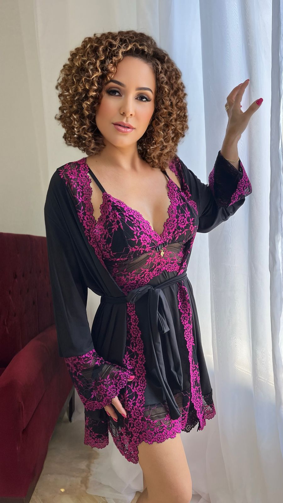 CONJUNTO ROBE CAMISOLA E CALCINHA PRETO/INVEJA