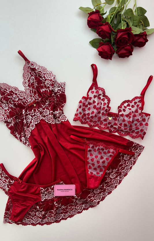 CAMISOLA E CONJUNTO DE LINGERIE CORAÇÃO VERMELHO/BRANCO