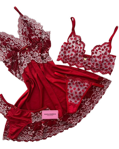 CAMISOLA E CONJUNTO DE LINGERIE CORAÇÃO VERMELHO/BRANCO