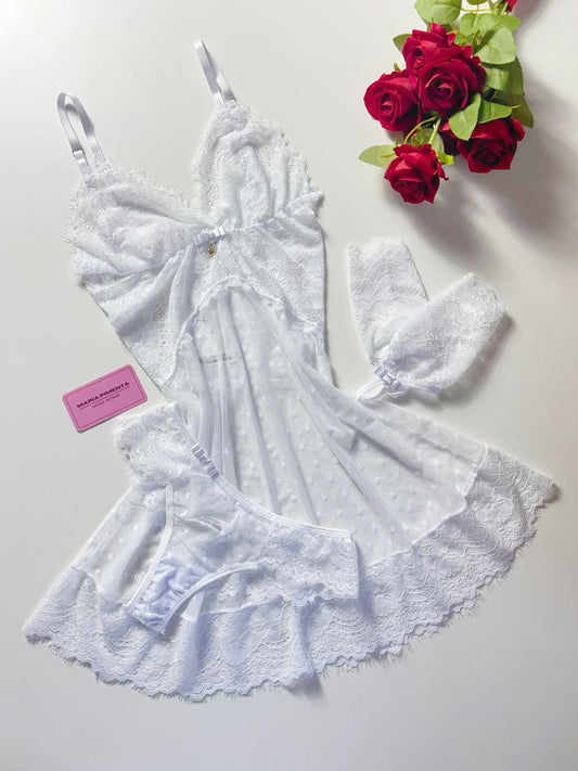 CAMISOLA CORAÇÕES EM TULE BRANCO