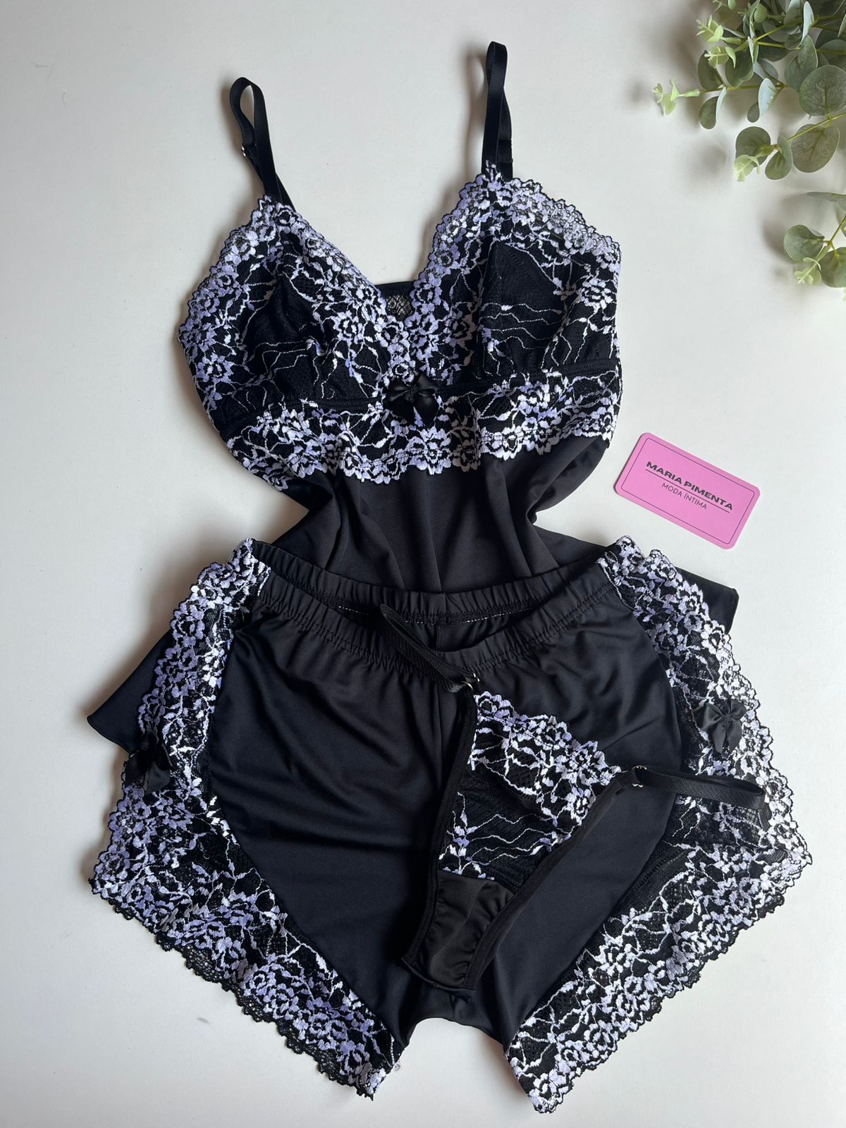 BABY DOLL COM CALCINHA FIO PRETO/BRANCO