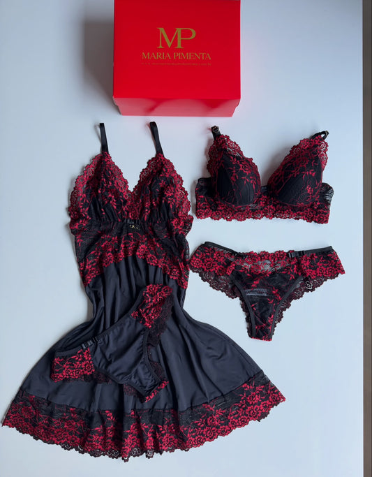 CAMISOLA, CALCINHA E CONJUNTO DE LINGERIE PRETO/VERMELHO