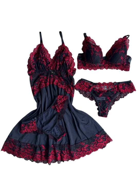CAMISOLA LUXO E CONJUNTO DE LINGERIE PRETO/VERMELHO