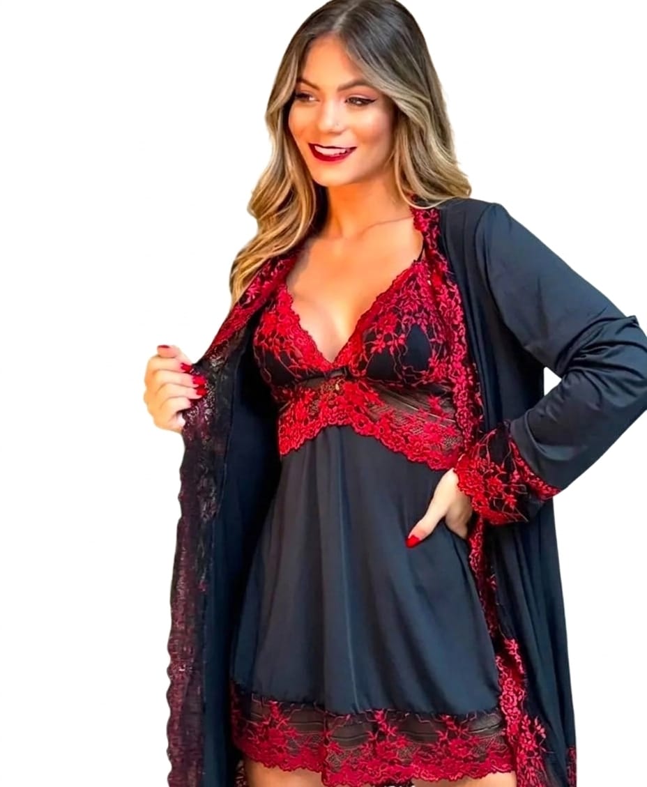CONJUNTO ROBE CAMISOLA E CALCINHA PRETO/VERMELHO